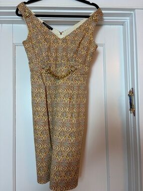 Etcetera Yellow & Beige Jacquard Midi Dress with Chain Detail
